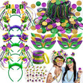 DMIGHT 124 Pcs Mardi Gras Accessories Set Bulk Party Favors Supplies with Headbands Masks Beads Necklaces Coins Tattoos for Mardi Gras Masquerade Parade Carnival Parade