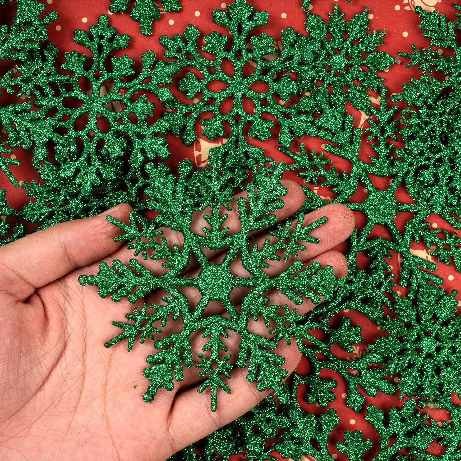 Skiennix Dark Green Christmas Snowflake Ornaments - 36Pcs Glitter Hanging Decor for Winter Wonderland