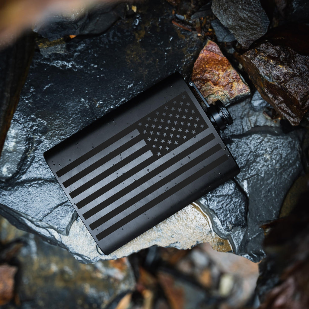 American Flag Liquor Flask - Perfect Holiday Gift for Men, Women, Fathers, or Hard to Shop for People - 304 Stainless Steel Hip Flask (Matte Black, Bonus Funnel, 8 Ounces)