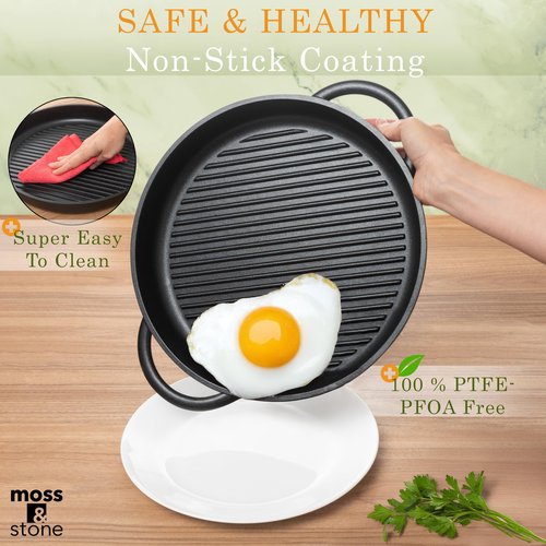 Moss & Stone 12” Nonstick Grill Pan for Indoor Cooking, Cast Aluminum Griddle Pan for Stove Top & Induction, Dishwasher & Oven Safe, Grill Pan with Lid, Silicone Handles, PFOA Free