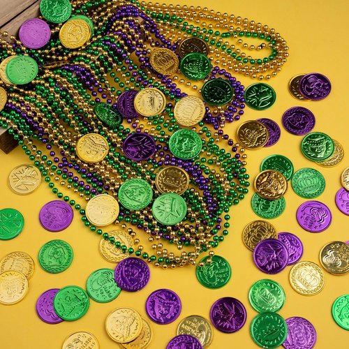 DMIGHT 124 Pcs Mardi Gras Accessories Set Bulk Party Favors Supplies with Headbands Masks Beads Necklaces Coins Tattoos for Mardi Gras Masquerade Parade Carnival Parade