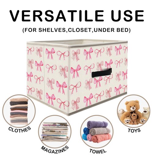 Nogrit Coquette Pink Bow Storage Bins Box, Toybox for Girls, Preppy Pink Foldable Baskets Organizer Container with Handles for Girls Bedroom Dorm Bathroom Clothes Toys Books