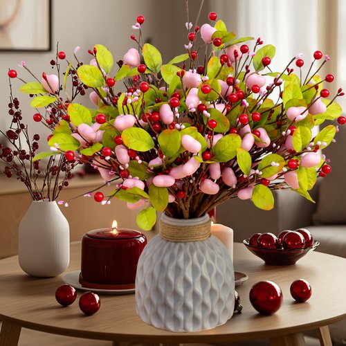AXYLEX Valentines Day Decorations Floral Picks Stems - 8Pcs,16 Inch Artificial Pink Berry Heart Shaped Branches Gift for Wedding Home Vase Decor (PinkGreen)