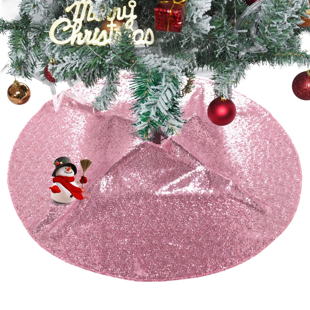 PartyDelight Christmas Tree Skirt Pink 24 inch Round Sparkly Fuchsia Pink Sequin Small Ornaments Xmas New Years Party Decorations