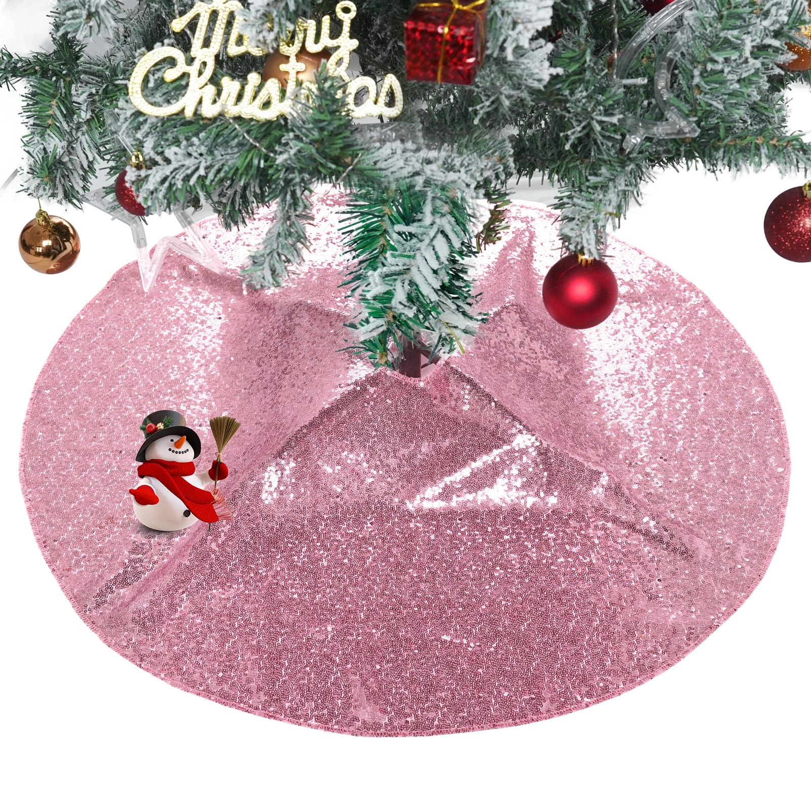 PartyDelight Christmas Tree Skirt Pink 24 inch Round Sparkly Fuchsia Pink Sequin Small Ornaments Xmas New Years Party Decorations
