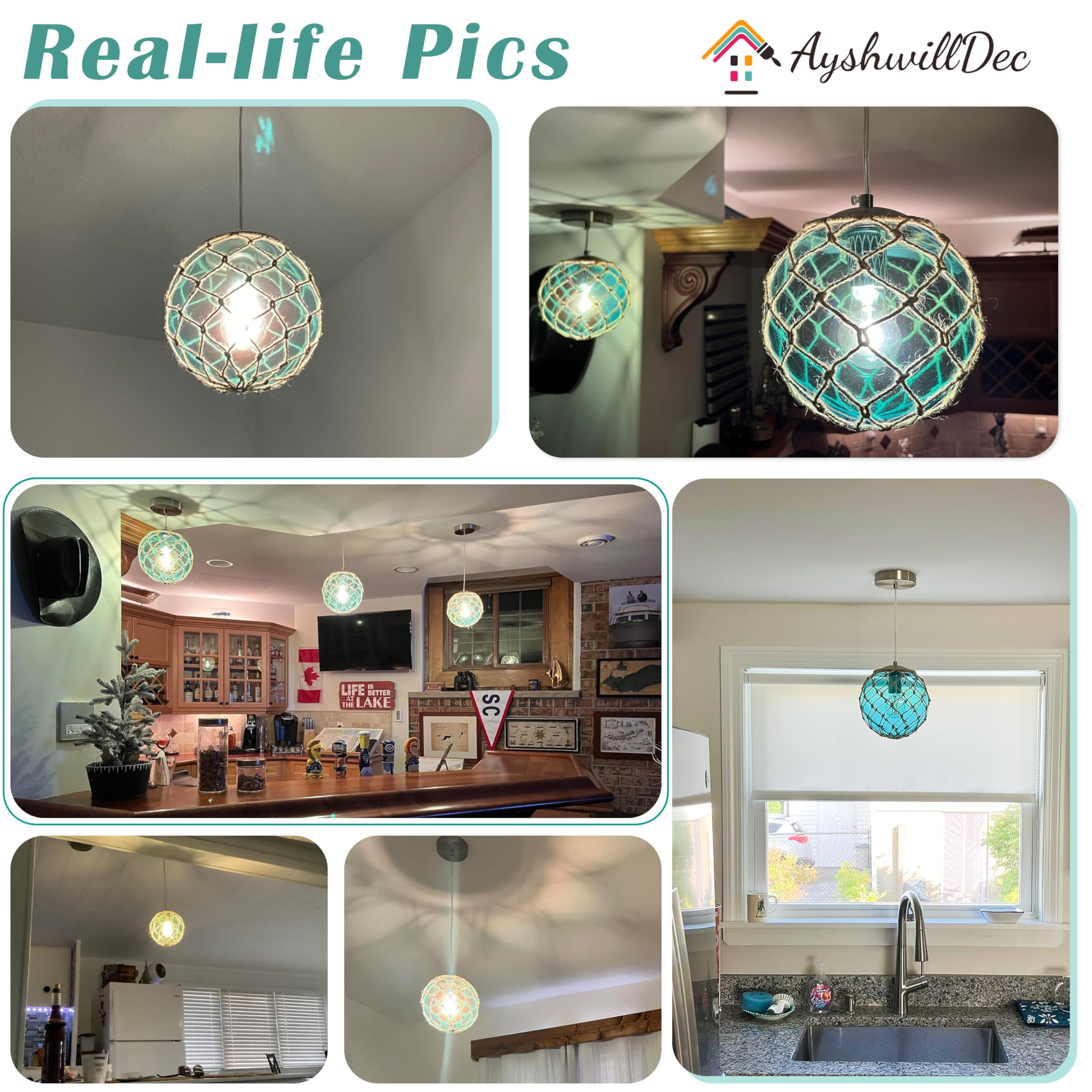 Blue Pendant Light Coastal Pendant Light Nautical Pendant Lighting Beach House Lighting Fixtures Ocean Lighting Fixture Coastal Hanging Light Fixtures Fish Float Glass Ball Lighting(Bulb Incl.