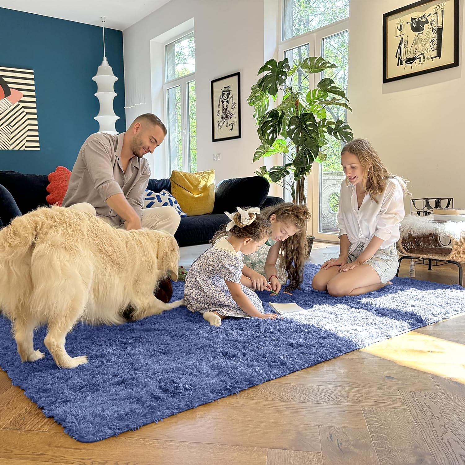 OLANLY 2x6 Machine Washable Runner Rug - Soft Fluffy Shaggy Indoor Carpet for Bedroom & Hallway | Denim Blue