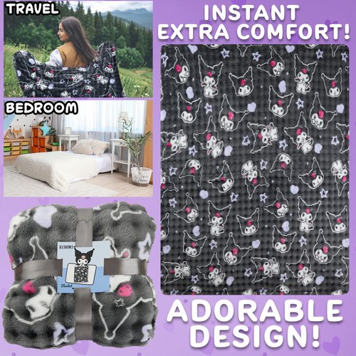 Get Trend Hello Kitty Sanrio Waffle Blanket for Girls, Teens, Women, 51 x 59 in, Kuromi Throw Blanket, Throw for Bed, Room Decor, Kawaii Gifts for Her (Grey Kuromi)