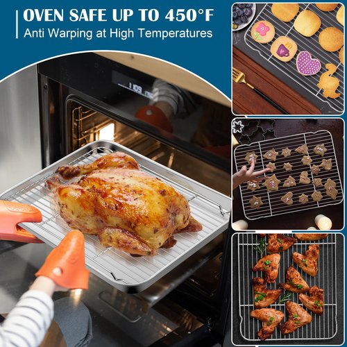 E-far Baking Sheet with Wire Rack (2 Pans + 2 Racks), Large Stainless Steel Cookie Sheets Pan & Cooling Rack for Baking Cookies Cake, Non Toxic & Heavy Duty, Oven & Dishwasher Safe, 18 x 13 x 1 Inch