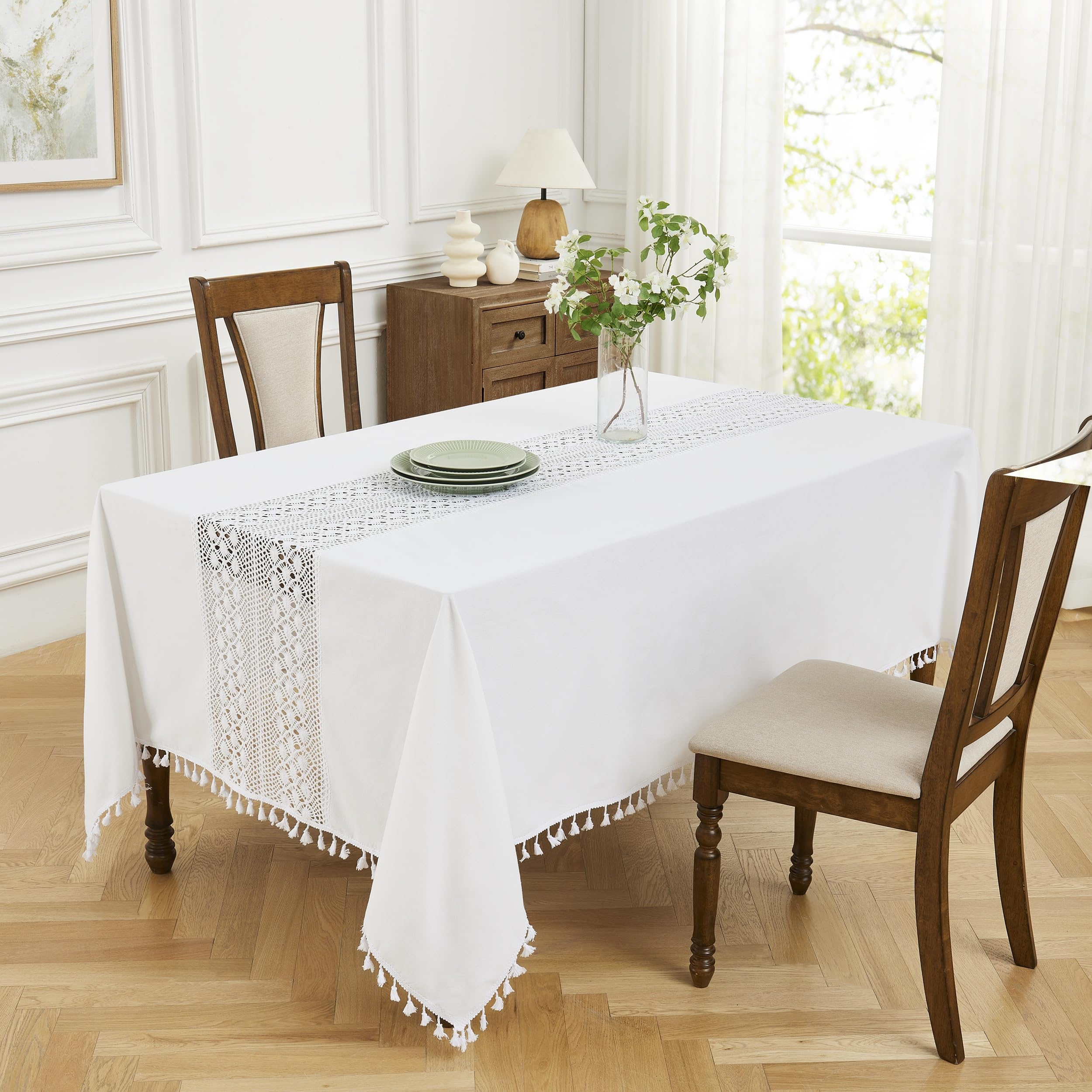 Warm Home Designs Extra Wide 70 x 104 White Oblong Tablecloth with Tassels. Heavy Poly Cotton Crochet Tablecloth is Great for Farmhouse or Vintage Decor, Wedding or Family Celebration. ZA White 104