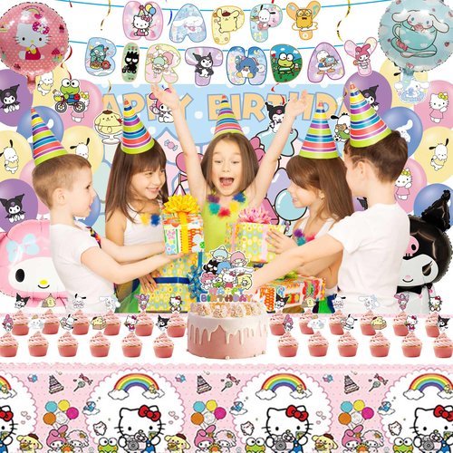Cartoon Birthday Party Decorations, Include Latex Foil Balloons Backdrop Happy Birthday Banner Tablecloth Hanging Swirls Cupcake Cake Toppers Stickers Supplies