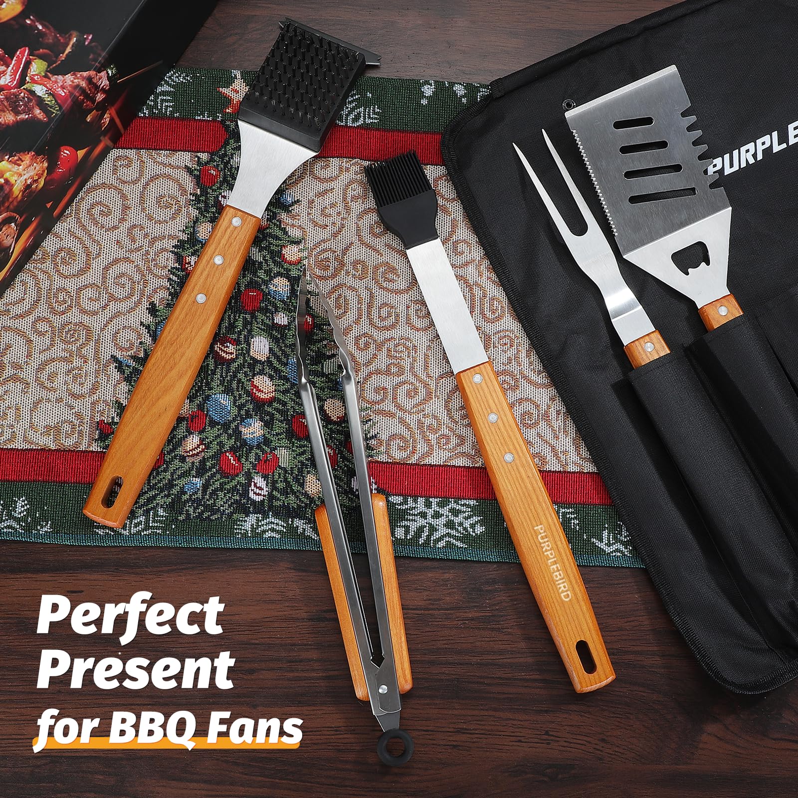 PURPLEBIRD Grill Utensils Set with Brush - 5pcs Grilling Tools Set with Bag Apron, Heavy Duty BBQ Tool Sets with Long Wood Handle, Stainless Grilling Accessories for Outdoor Grill