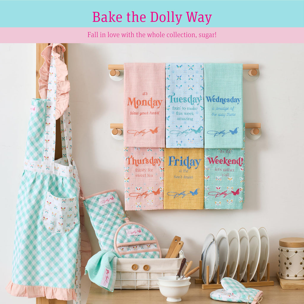 Dolly Parton Apron & Kitchen Towel Set, Kitchenware 100% Cotton Cute Chef Apron and a Jacquard Woven Kitchen Towel, Made with a Beautiful Pattern for Your Décor - Teal Plaid and Butterfly