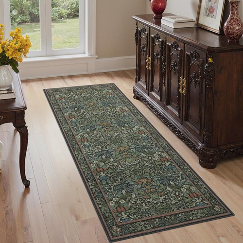 GENIMO 2x6 Runner Rug - Non-Slip Washable Vintage Boho Floral Carpet | Dark Green for Hallways & Entryways