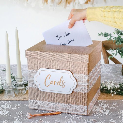 Kate Aspen Rustic Burlap & Lace Gift/Wedding Card Box, Money Box, Farmhouse Wedding Decorations For Reception - Also Perfect for Boho Baby Showers, Birthdays, Graduation