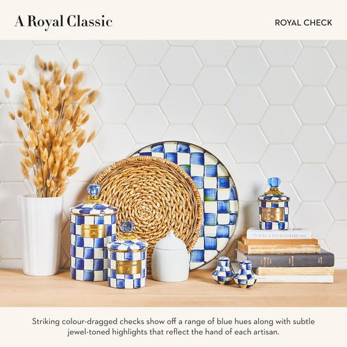 MACKENZIE-CHILDS Enamel Salt and Pepper Shakers, Kitchen Table Spice Shaker Set, Blue-and-White Royal Check, Small