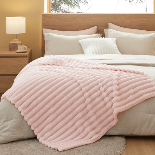 Bedsure Pink Throw Fuzzy Blanket for Couch - 350GSM Super GentleSoft Fluffy Cozy Plush Blankets for Women, Cute Small Fleece Throws for Girls, 50x60 Inches, Wider Striped Design