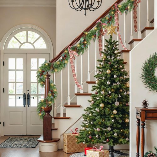 6ft Christmas Garland with Lights Artificial Cedar Cypress Garland with Pine Cones Garland for Home Fireplace Wall Indoor Outdoor Holiday Party Decoration