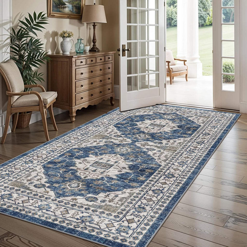 Skiennix Washable 4x8 Hallway Runner Rug - Vintage Soft Non-Slip Carpet for Entryway & Kitchen | Blue