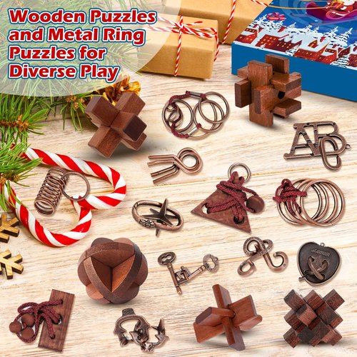 Advent Calendar 2025 Brain Teaser for Kids & Adults - 24 Days of Metal Puzzle Ring & Wooden Toy Games, Christmas Countdown with Mind IQ Logic Challenges, Unlock Interlock Gift for Boys Girls Teens