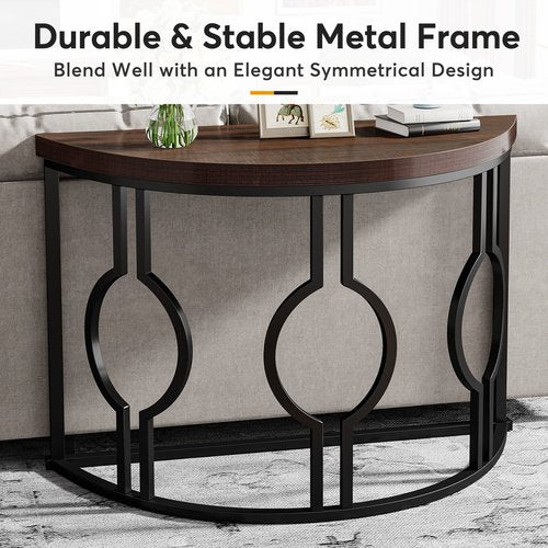LITTLE TREE 43 Inch Half Moon Console Table for Entryway Industrial Semi Circle Sofa Table Wood Accent Table for Living Room, Hallway, Foyer, Entrance, Rustic Brown