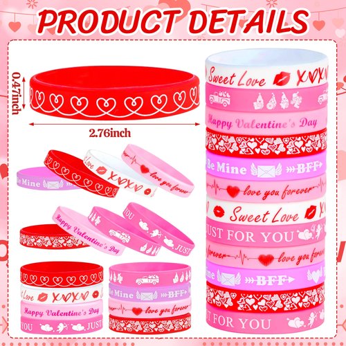 OCTERIC 64 Pcs Valentine's Day Slap Bracelets with Rubber Wristbands, Love Cute Valentine Exchange Gifts for Classroom Party Favors Valentine Decorations School Prizes