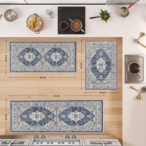 Farmhouse 4-Piece Non-Slip Kitchen Floor Mats by Washable | Easy Clean Water-Resistant Rugs - Blue