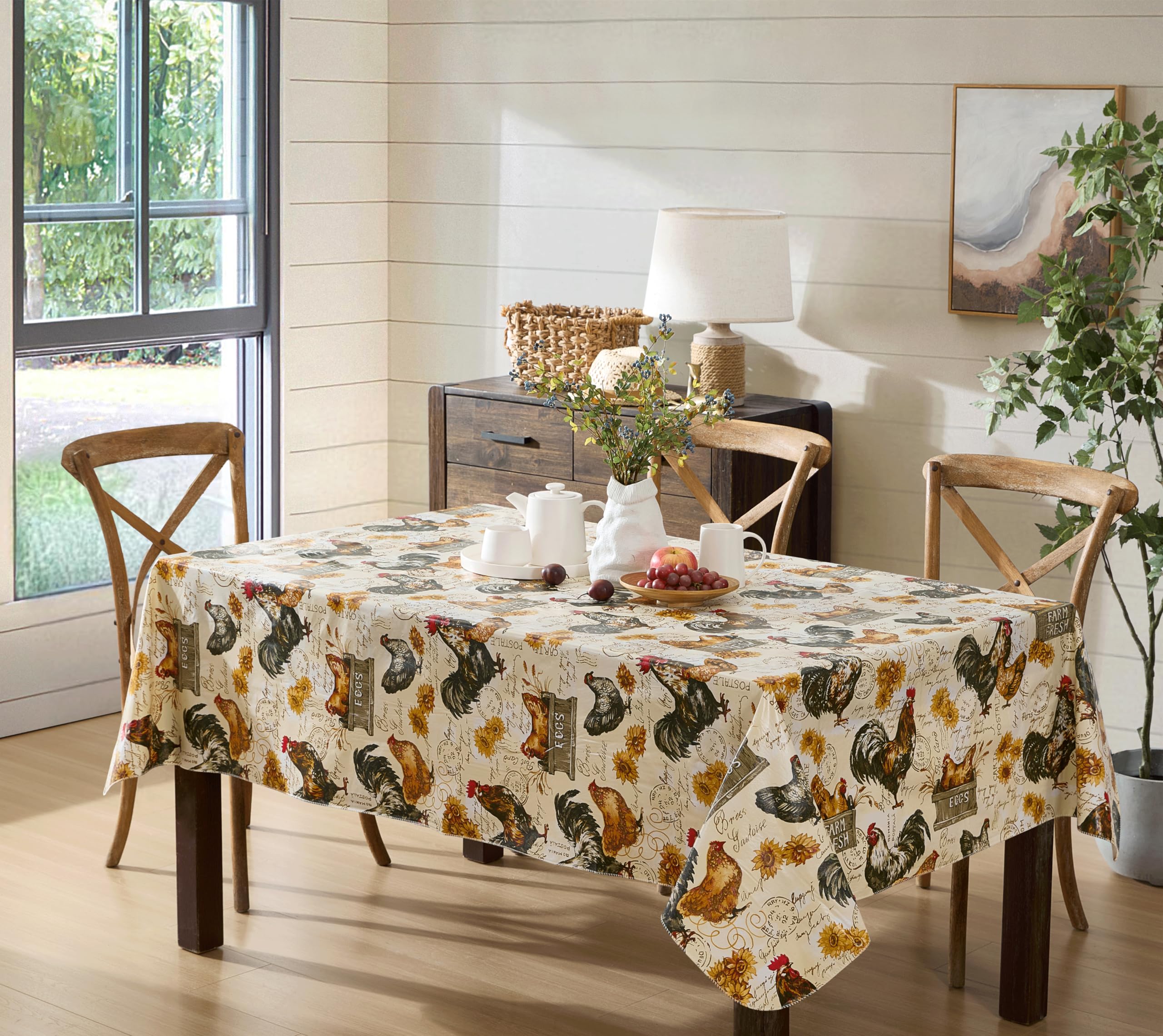 Newbridge Farm Fresh Rooster Rectangle Vinyl Flannel Backed Tablecloth, 60 x 102 Inch, Indoor Outdoor Vinyl Table Cloth, Roosters and Hens