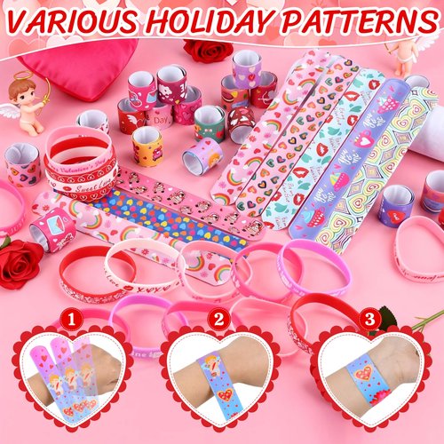 OCTERIC 64 Pcs Valentine's Day Slap Bracelets with Rubber Wristbands, Love Cute Valentine Exchange Gifts for Classroom Party Favors Valentine Decorations School Prizes
