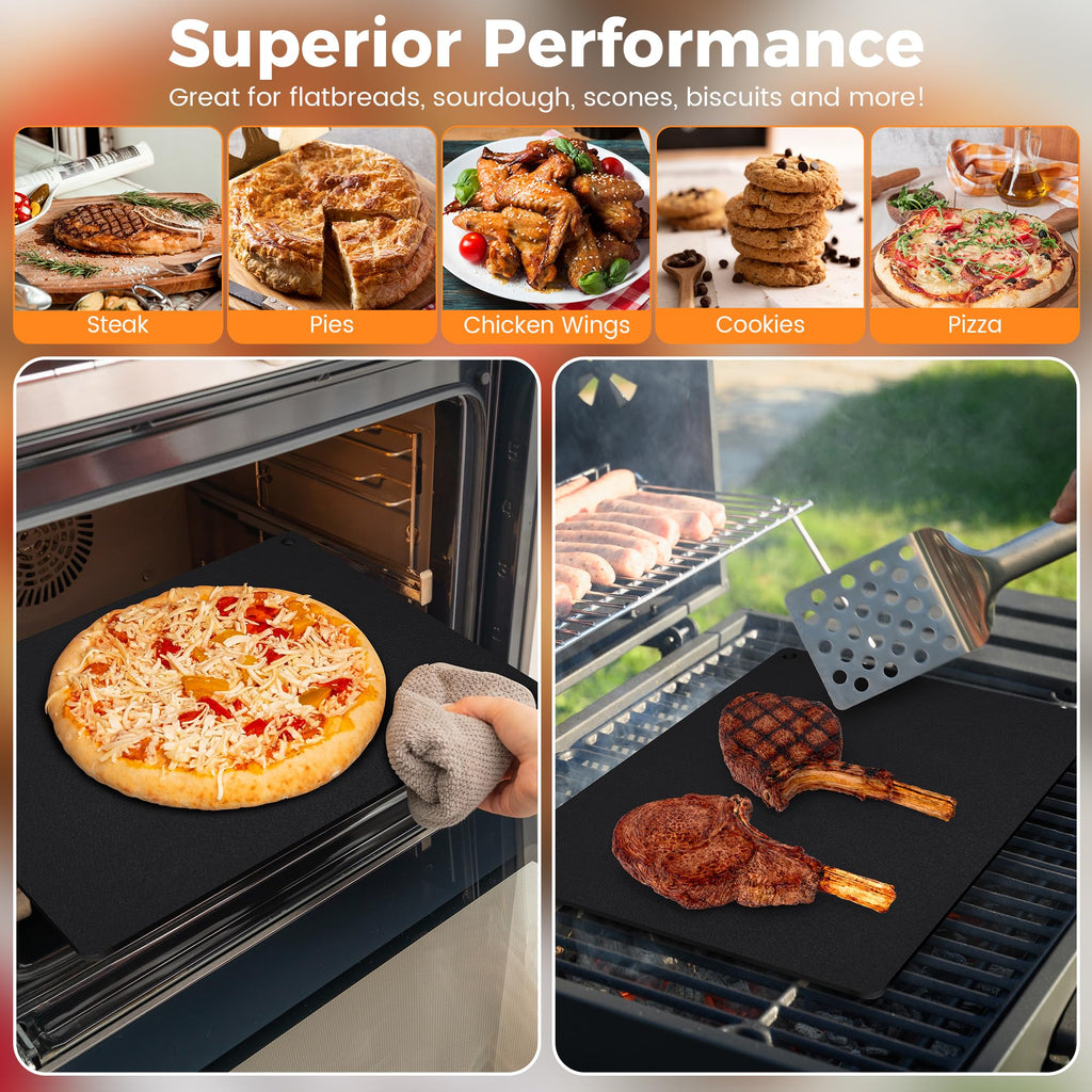 Large Cast Iron Pizza Stone Set for Oven & Grill - 16x13.4x1/4 Inch Steel Pizza Baking Stone, 4 PCS Pizza Making Accessories Kit for Barbecue, Sourdough Bread & Large Pizzas
