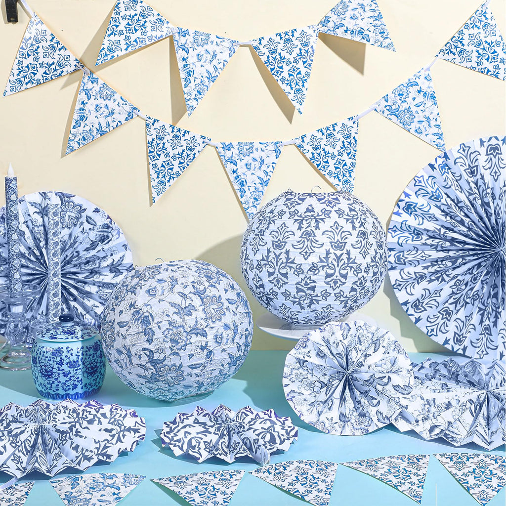 Tujoe 19 Pcs Chinoiserie Themed Party Decorations 10 Paper Lanterns 3 Triangle Flags Banner 6 Hanging Round Fans Blue and White Print Chinese Hanging Decoration for Ceiling Wedding Birthday Home Decor