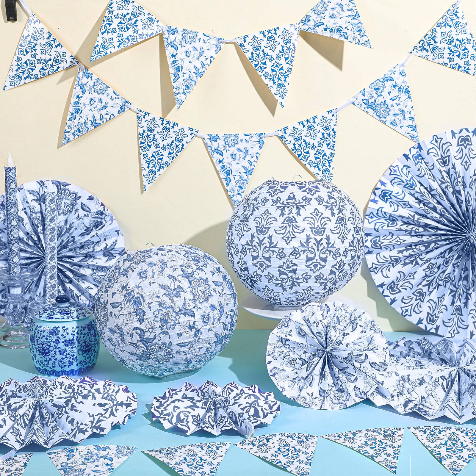 Tujoe 19 Pcs Chinoiserie Themed Party Decorations 10 Paper Lanterns 3 Triangle Flags Banner 6 Hanging Round Fans Blue and White Print Chinese Hanging Decoration for Ceiling Wedding Birthday Home Decor