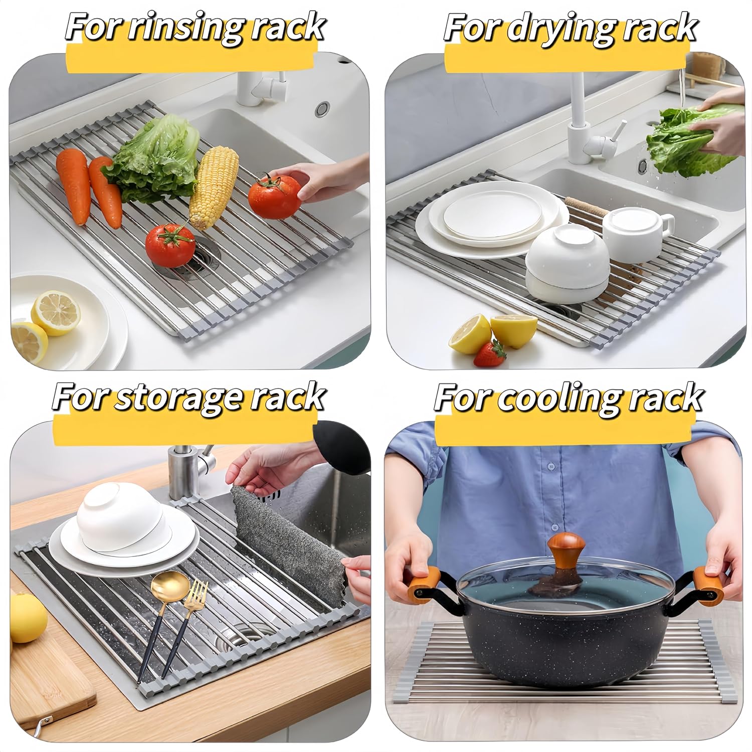 Skiennix Roll Up Dish Drying Rack - Foldable Stainless Steel Kitchen Rack | 17.7" x 11.8" (Grey)