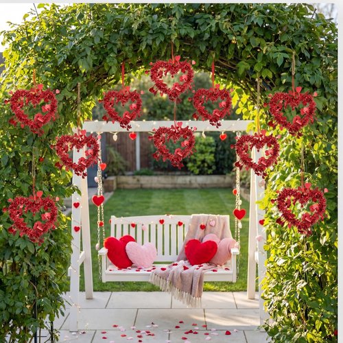 Lyrow 12 Pcs Red Valentine Heart Tree Ornaments Valentine Heart Wreaths Tinsel Hanging Love Decorations Romantic Tree Ornaments for Wedding Window Home Wall