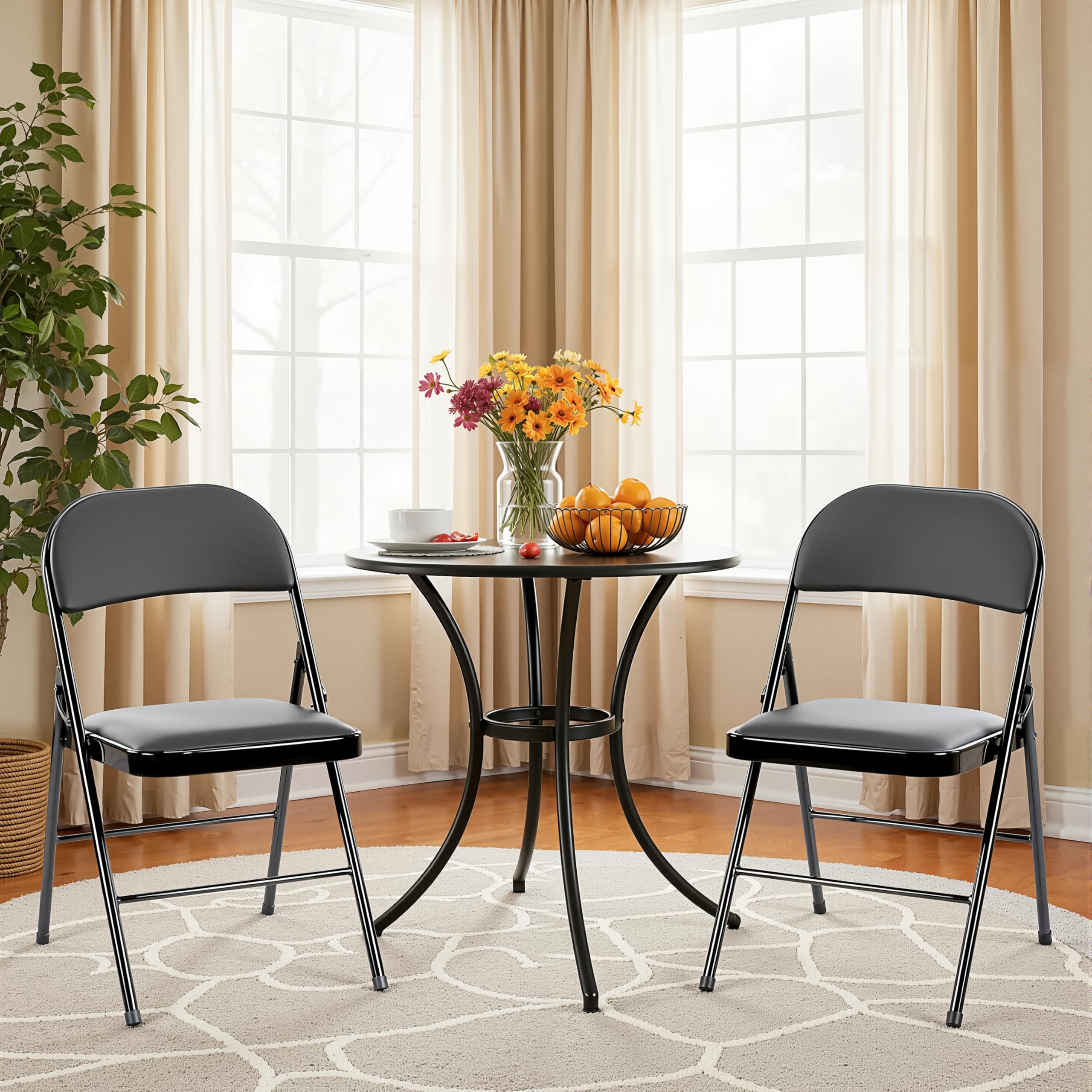 Simple Deluxe Dining Chairs Set of 2, Leather Cushion Foldable Modern Kitchen Side Chair with Padded Back& Metal Legs, Upholstered Dinner Seat Gift for Home/Living Room/Bedroom/Restaurant, Black