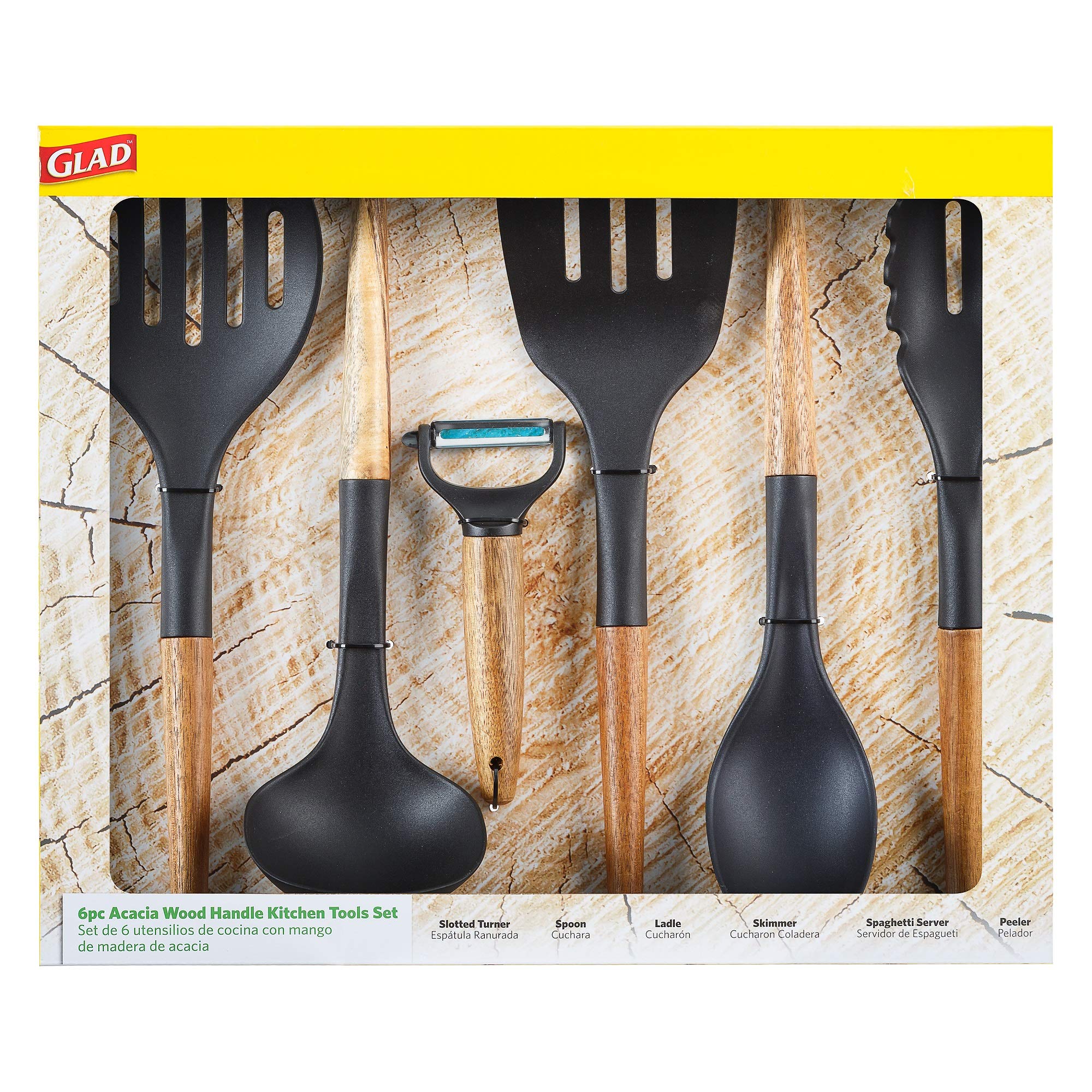 Glad Cooking Utensils Set with Acacia Wood Handles, 6 Pieces | Nylon Tools for Nonstick Cookware | Heat Resistant Kitchen Gadgets | Culinary Essentials