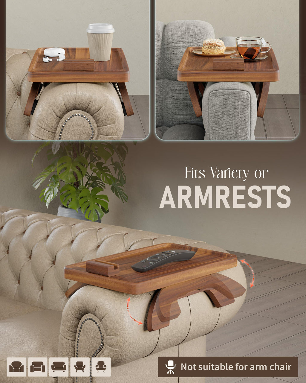 BLUEWEST Sofa Armrest Tray,15.4''x9.8'' Acacia Wood Couch Arm Clip on Tray Table with 360° Rotating Phone Holder Fits Most Couch Arm Sizes–Non-Slip, Arm Table for TV Dinners, Remote, Drinks & Snacks