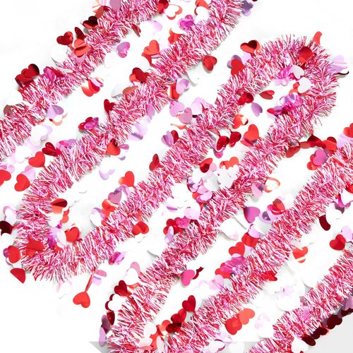 50FT Valentines Day Garland - Red Pink White Heart Valentines Tinsel Garland, Metallic Valentine Day Garland Decor for Mantel, Tree, Valentine's Day Decorations for Home (Pink)