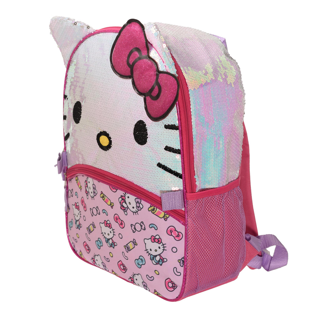 AI ACCESSORY INNOVATIONS Hello Kitty Girls 4 Piece Backpack Set, Iridescent Flip Sequin 16" School Bag with 3D Features, Front Zip Pocket, Pink & White