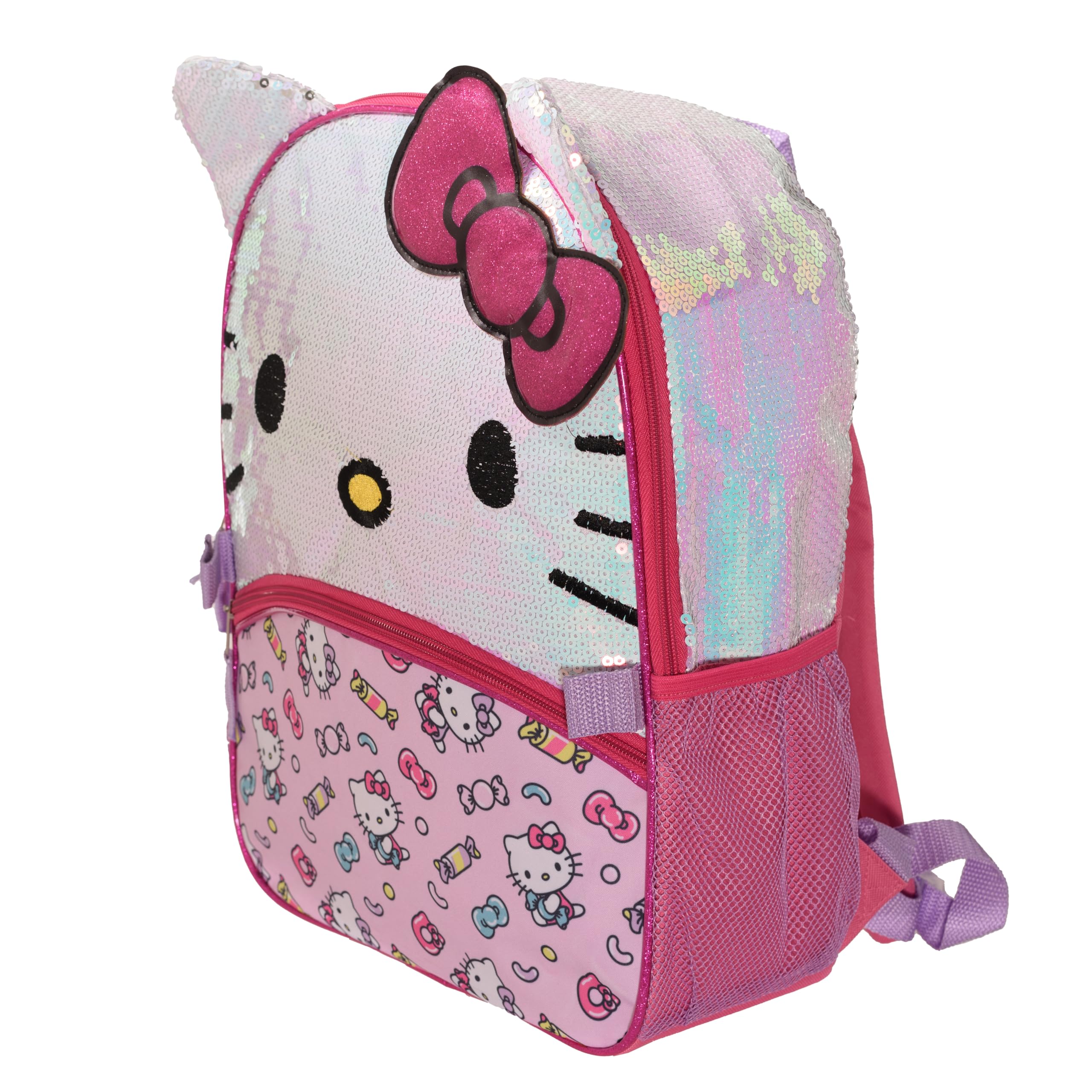AI ACCESSORY INNOVATIONS Hello Kitty Girls 4 Piece Backpack Set, Iridescent Flip Sequin 16" School Bag with 3D Features, Front Zip Pocket, Pink & White