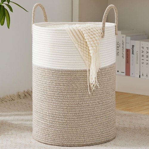 Cotton Rope Laundry Basket by YOUDENOVA, 58L Woven Collapsible Laundry Hamper, Clothes Hamper with Reinforced Handles in the Laundry Room, Bedroom, Bathroom, Brown