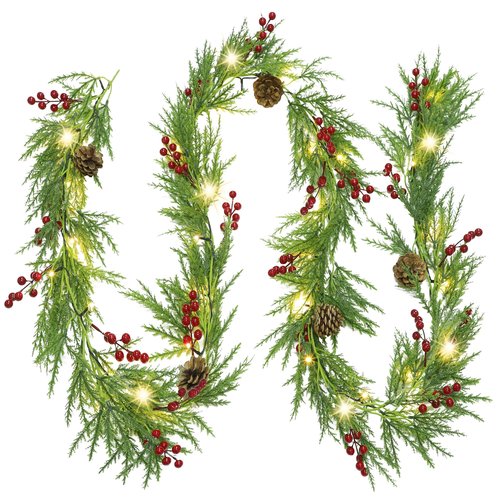 Lulu Home 9FT Pre-lit Christmas Garland, 30 LEDs Xmas Lighted Garland with Pinecones Red Berries, Battery Operated Garland with Timer for Fireplace Balcony Railing Fence Decoration