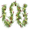 Lulu Home 9FT Pre-lit Christmas Garland, 30 LEDs Xmas Lighted Garland with Pinecones Red Berries, Battery Operated Garland with Timer for Fireplace Balcony Railing Fence Decoration