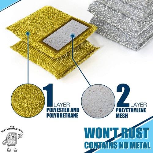 SPONGENATOR Kitchen Scrubbing Sponges - Heavy Duty Non Scratch Scrubbing Cleaner Sponges in 2 Colors - Multi Surface Non Metal Dish Scouring Scrubbers for Fast Cleaning (Gold & Silver, 6)