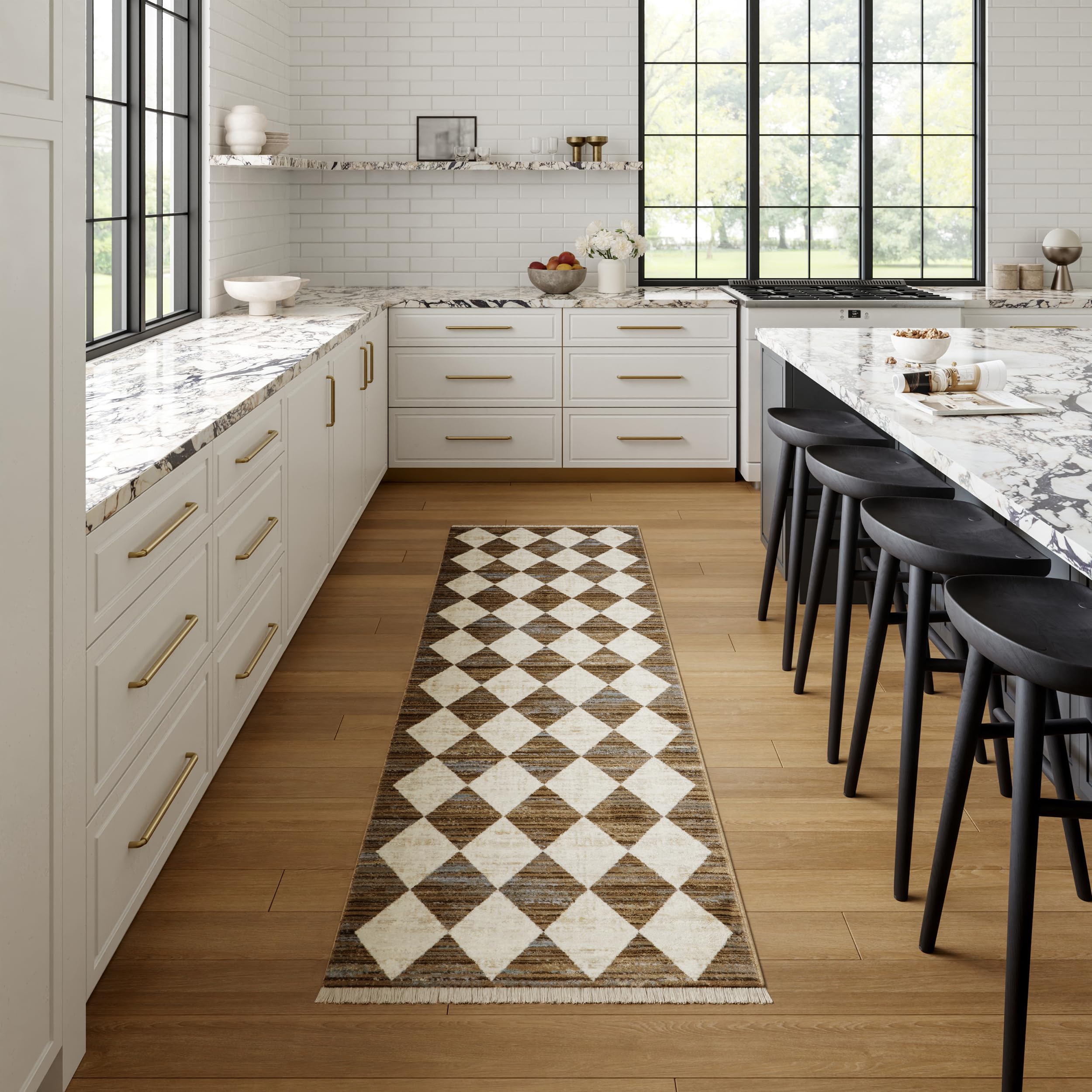 Nuloom Fringed Performance Meline Beige/Blue/Ivory, 2'8" x 7'10", Checkered, Soft and Cozy, High Traffic, Stain Resistant, Easy Clean, Durable Runner for Bedroom, Living Room, Dining, Den, Foyer