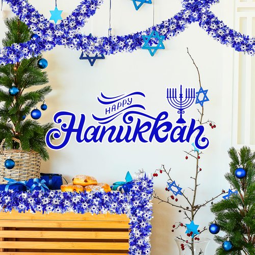 Palonu 50 Feet Hanukkah Decorations Tinsel Garland Glitter Twist Garland Metallic Menorah Ornaments Blue Metallic Streamers with Silver Star, Indoor Outdoor Chanukah Decorations Home Party Supplie