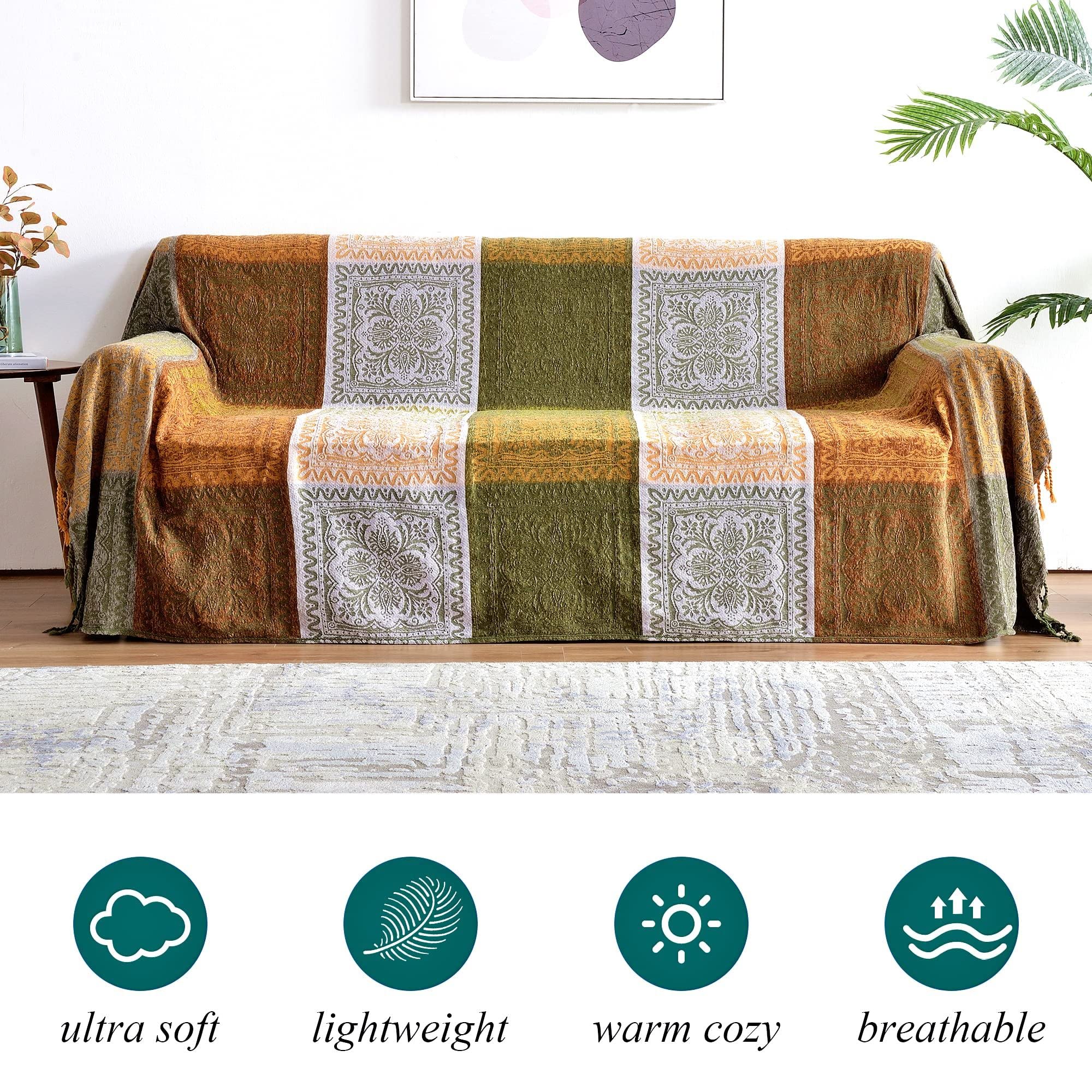 Bofree Boho Couch Cover - Hippie Chenille Jacquard Bohemian Chair Couch Sofa and Bed Furniture Cover with Colorful Tribal Pattern (Green, 87" x 102")
