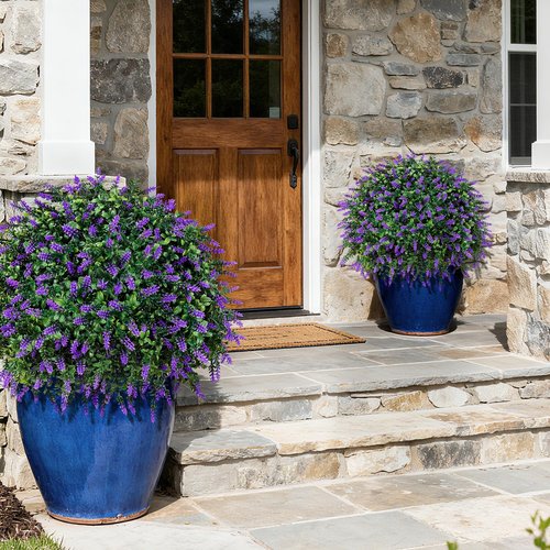HyeFlora 2 Pack Artificial Topiary Boxwood Ball Trees with Lavender Fake Plants for Outdoor Indoor Artificial Shrubs with Ground Spike UV Resistant Fake Bushes for Front Porch Garden (Purple Lavender)