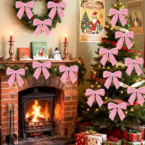 24Pcs Velvet Bows for Christmas Tree, Pink Bows Christmas Decorations with Twist Tie, Bulk Lovely Cute Velvet Ornaments for Wreath Garland Gift Wrapping Wedding Champagne Parties Decor, 6*6in
