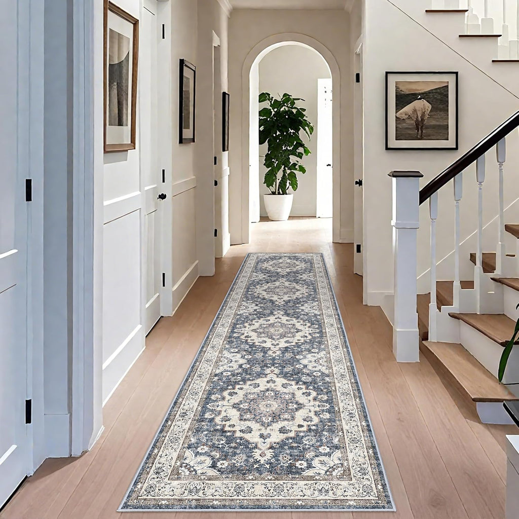 Regine Switzerland Washable 3x12 Hallway Runner Rug - Floral Non-Slip Accent Mat in Blue